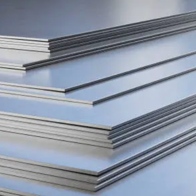 Stack of metal sheets on a reflective surface